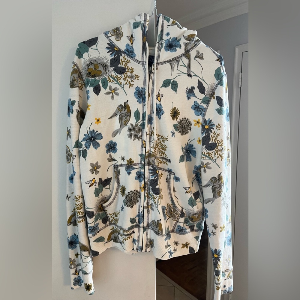 Lucky Brand White Zip-Up Hoodie with Blue and Green Floral Print